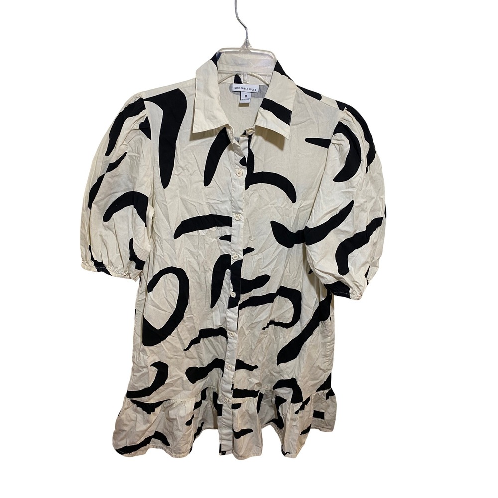 Sincerely Jules Black White Abstract Print Ruffle Hem Puff‎ Sleeve Cotton Top M